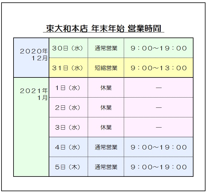 年末年始の営業