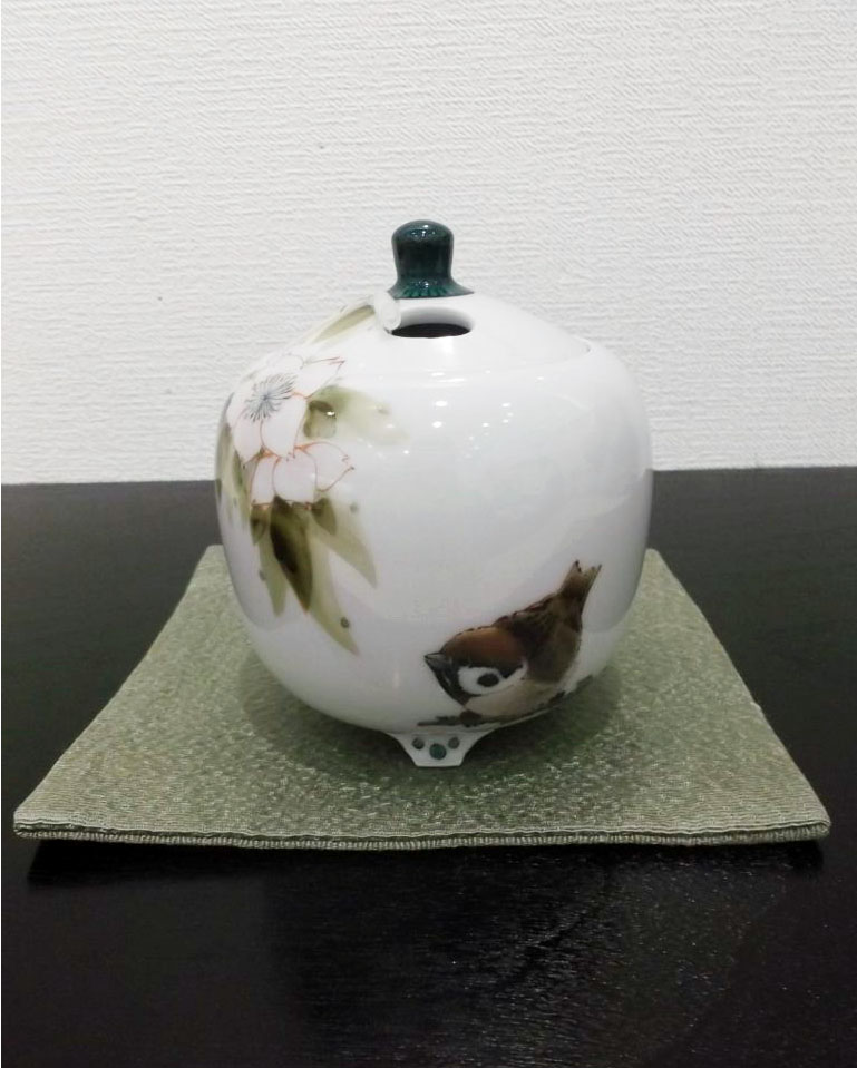 香炉　九谷焼　桜雀図